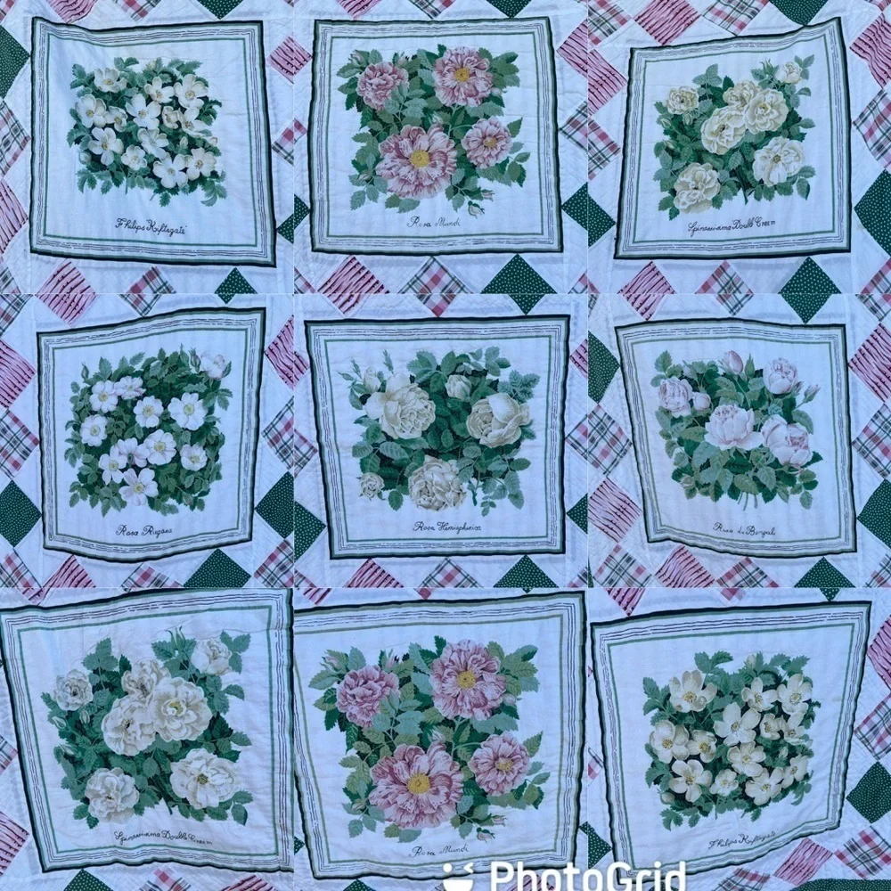 VTG Garden Block Quilt Floral Striped Reversible Hand Sewn Pink Green 82x84 FLAW